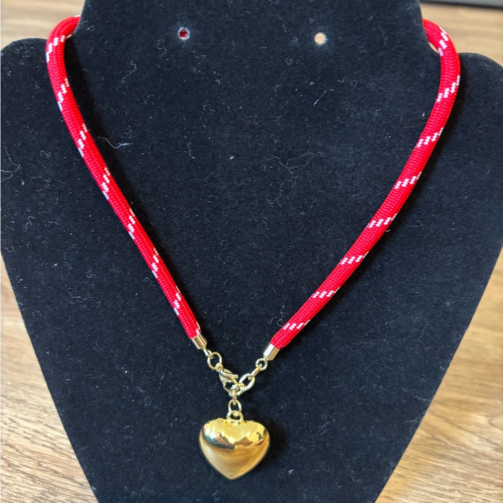Gold Heart Pendant on Red Necklace